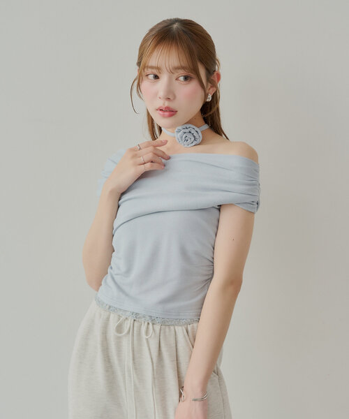 Chico（チコ）の「【5色展開】ローズチョーカー付ワンショル裾レースT（Tシャツ/カットソー・レディース・ブルー/ネイビー/ホワイト/ピンク/ブラック・FREE）」の21枚目の写真