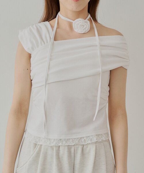 Chico（チコ）の「【5色展開】ローズチョーカー付ワンショル裾レースT（Tシャツ/カットソー・レディース・ブルー/ネイビー/ホワイト/ピンク/ブラック・FREE）」の11枚目の写真