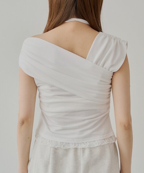 Chico（チコ）の「【5色展開】ローズチョーカー付ワンショル裾レースT（Tシャツ/カットソー・レディース・ブルー/ネイビー/ホワイト/ピンク/ブラック・FREE）」の9枚目の写真