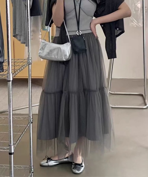 aimoha(アイモハ)の「ボリュームチュールティアードスカート(スカート・レディース・ブラック/ライトベージュ/ホワイト/グレー・FREE)」の4枚目の写真