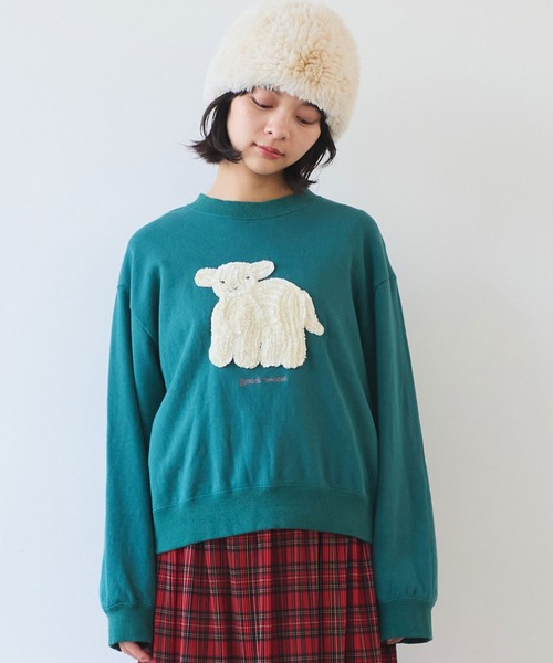 bulle de savon(ビュルデサボン)の「30/10 コーマ裏毛 子ひつじ刺繍 スウェット(スウェット・レディース・ネイビー/グリーン・FREE)」の1枚目の写真