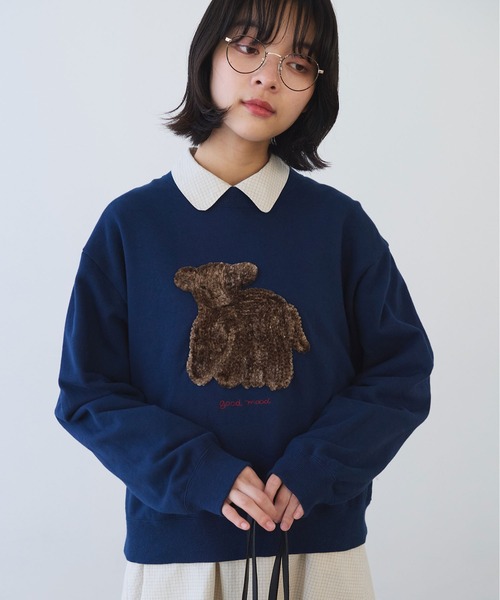 bulle de savon(ビュルデサボン)の「30/10 コーマ裏毛 子ひつじ刺繍 スウェット(スウェット・レディース・ネイビー/グリーン・FREE)」の4枚目の写真