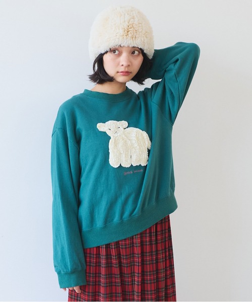 bulle de savon(ビュルデサボン)の「30/10 コーマ裏毛 子ひつじ刺繍 スウェット(スウェット・レディース・ネイビー/グリーン・FREE)」の16枚目の写真
