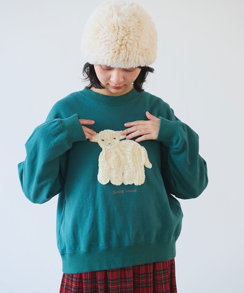 bulle de savon(ビュルデサボン)の「30/10 コーマ裏毛 子ひつじ刺繍 スウェット(スウェット・レディース・ネイビー/グリーン・FREE)」の17枚目の写真