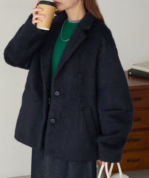 BONLECILL(ボンルシール)の「シャギーメルトンカーブスリーブテーラードジャケット/コート(テーラードジャケット・レディース・チャコールグレー/モカ/ネイビー・FREE)」の3枚目の写真