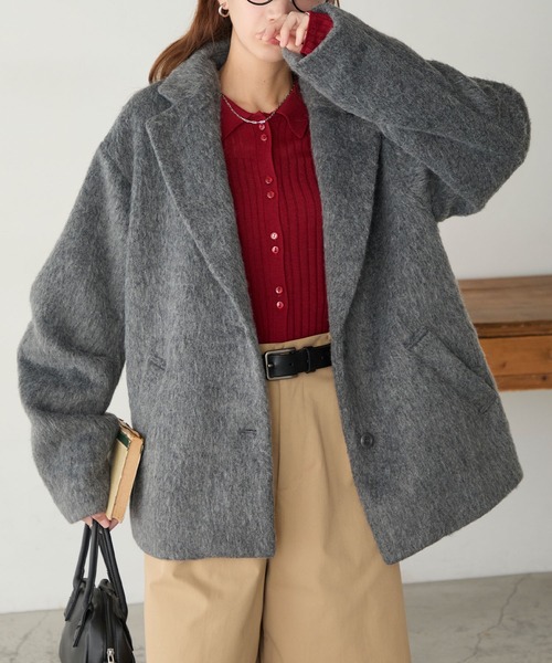 BONLECILL(ボンルシール)の「シャギーメルトンカーブスリーブテーラードジャケット/コート(テーラードジャケット・レディース・チャコールグレー/モカ/ネイビー・FREE)」の2枚目の写真