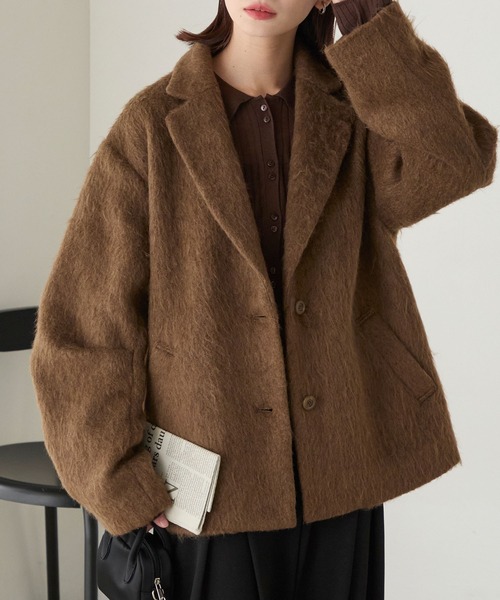 BONLECILL(ボンルシール)の「シャギーメルトンカーブスリーブテーラードジャケット/コート(テーラードジャケット・レディース・チャコールグレー/モカ/ネイビー・FREE)」の1枚目の写真