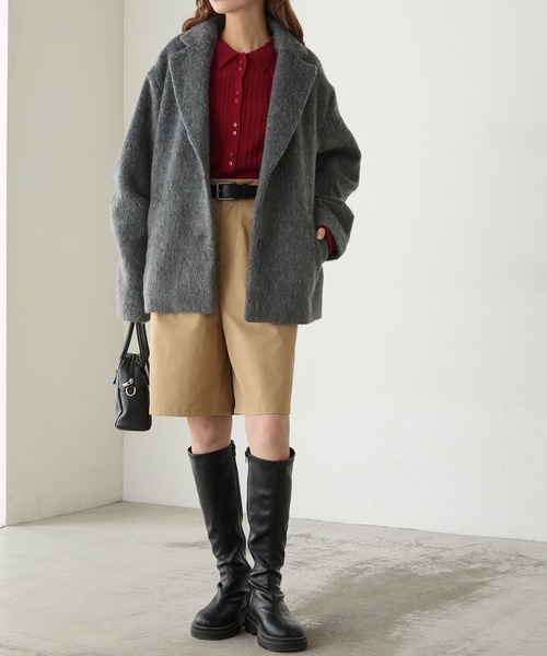 BONLECILL(ボンルシール)の「シャギーメルトンカーブスリーブテーラードジャケット/コート(テーラードジャケット・レディース・チャコールグレー/モカ/ネイビー・FREE)」の7枚目の写真