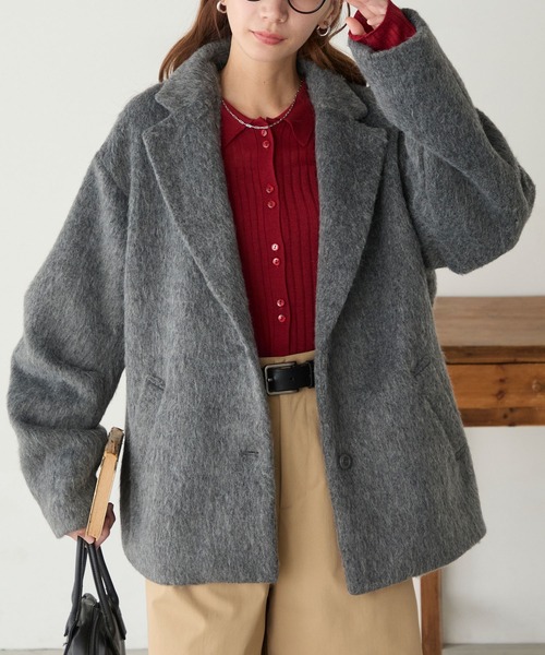 BONLECILL(ボンルシール)の「シャギーメルトンカーブスリーブテーラードジャケット/コート(テーラードジャケット・レディース・チャコールグレー/モカ/ネイビー・FREE)」の10枚目の写真