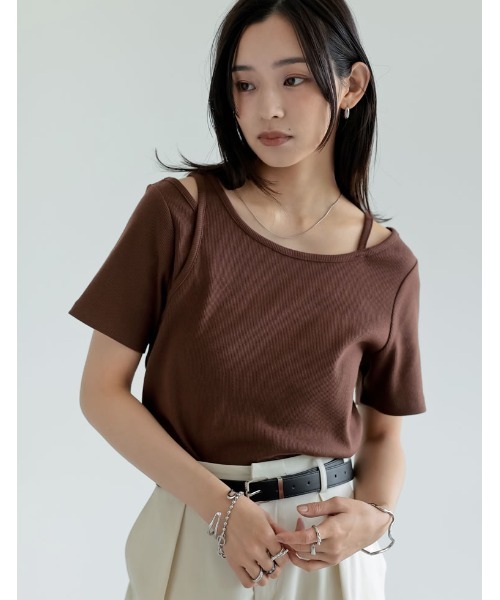Re:EDIT(リエディ)の「スムースカットソーレーヤード風アシンメトリー半袖Tシャツ(Tシャツ/カットソー・レディース・ホワイト/ブラック/グレー/ブラウン・LARGE/MEDIUM)」の4枚目の写真