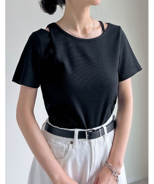Re:EDIT(リエディ)の「スムースカットソーレーヤード風アシンメトリー半袖Tシャツ(Tシャツ/カットソー・レディース・ホワイト/ブラック/グレー/ブラウン・LARGE/MEDIUM)」の1枚目の写真
