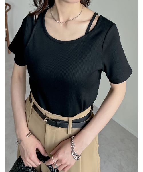 Re:EDIT(リエディ)の「スムースカットソーレーヤード風アシンメトリー半袖Tシャツ(Tシャツ/カットソー・レディース・ホワイト/ブラック/グレー/ブラウン・LARGE/MEDIUM)」の16枚目の写真