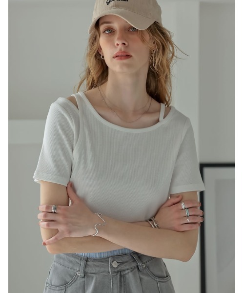 Re:EDIT(リエディ)の「スムースカットソーレーヤード風アシンメトリー半袖Tシャツ(Tシャツ/カットソー・レディース・ホワイト/ブラック/グレー/ブラウン・LARGE/MEDIUM)」の17枚目の写真