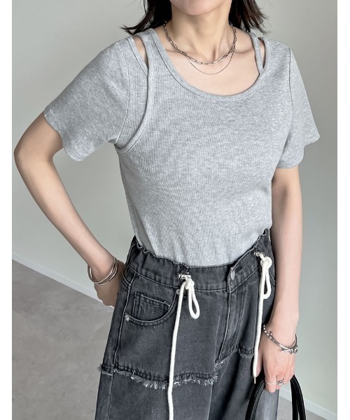 Re:EDIT(リエディ)の「スムースカットソーレーヤード風アシンメトリー半袖Tシャツ(Tシャツ/カットソー・レディース・ホワイト/ブラック/グレー/ブラウン・LARGE/MEDIUM)」の13枚目の写真