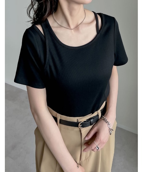 Re:EDIT(リエディ)の「スムースカットソーレーヤード風アシンメトリー半袖Tシャツ(Tシャツ/カットソー・レディース・ホワイト/ブラック/グレー/ブラウン・LARGE/MEDIUM)」の8枚目の写真