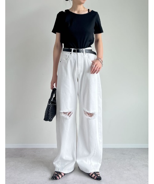 Re:EDIT(リエディ)の「スムースカットソーレーヤード風アシンメトリー半袖Tシャツ(Tシャツ/カットソー・レディース・ホワイト/ブラック/グレー/ブラウン・LARGE/MEDIUM)」の5枚目の写真