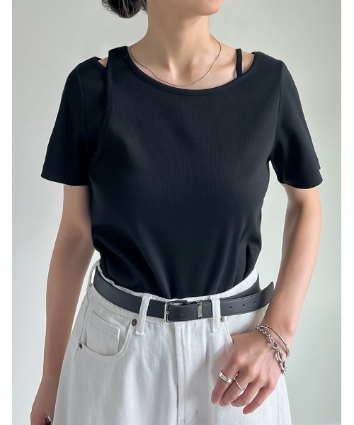 Re:EDIT(リエディ)の「スムースカットソーレーヤード風アシンメトリー半袖Tシャツ(Tシャツ/カットソー・レディース・ホワイト/ブラック/グレー/ブラウン・LARGE/MEDIUM)」の6枚目の写真