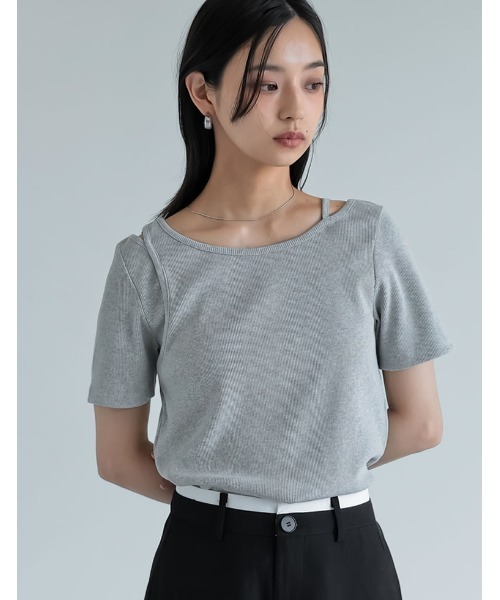 Re:EDIT(リエディ)の「スムースカットソーレーヤード風アシンメトリー半袖Tシャツ(Tシャツ/カットソー・レディース・ホワイト/ブラック/グレー/ブラウン・LARGE/MEDIUM)」の9枚目の写真