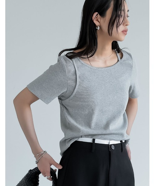 Re:EDIT(リエディ)の「スムースカットソーレーヤード風アシンメトリー半袖Tシャツ(Tシャツ/カットソー・レディース・ホワイト/ブラック/グレー/ブラウン・LARGE/MEDIUM)」の11枚目の写真