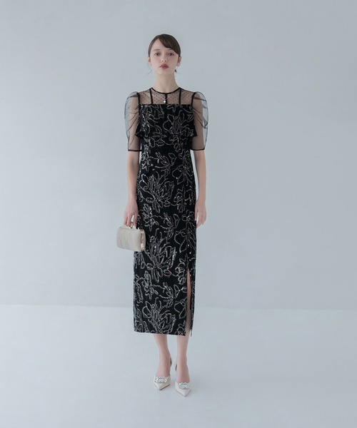 チュールフラワースパンコールIラインワンピースドレス結婚式パーティー成人式二次会 レジャ Leja チュールフラワースパンコールIラインワンピース