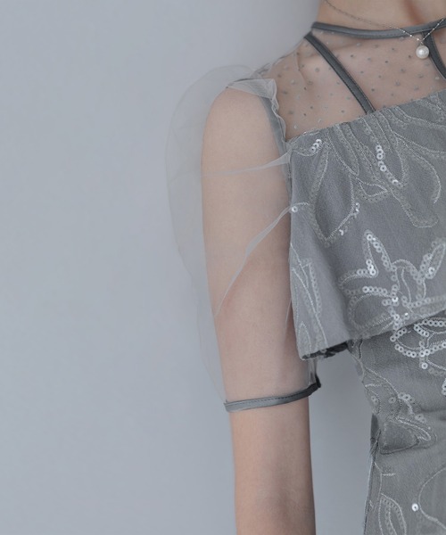 LEJA　ドットチュールフラワースパンコール　Iラインドレス　グレー　S セール】【LEJA】ドットチュールフラワースパンコールIラインドレス