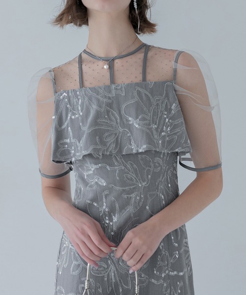 Leja(レジャ)の「【LEJA】ドットチュールフラワースパンコールIラインドレスワンピース美脚効果結婚式 パーティードレス 成人式 二次会 同窓会 お呼ばれ オケージョン 20代 30代(ドレス・レディース・グレー/ブラック・SMALL/MEDIUM)」の6枚目の写真