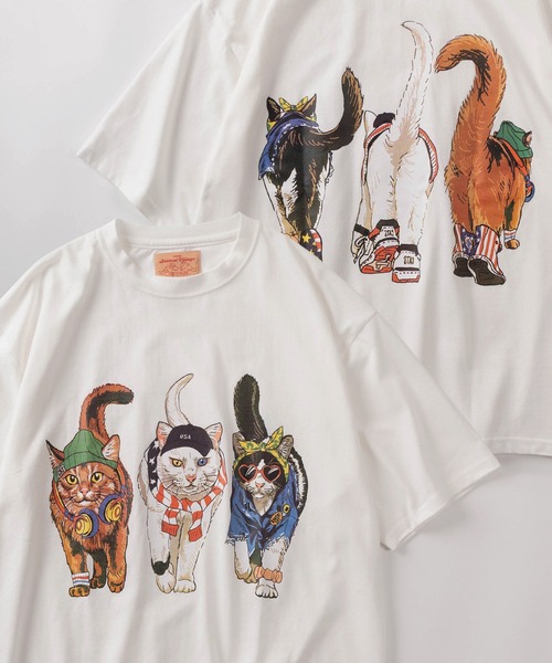 make a ray!（メイク ア レイ！）の「【81】フロント＆バック イヌネコ BIGレトロイラスト デザイン ヘビーウェイト オーバーサイズ Tシャツ/半袖Tシャツ（Tシャツ/カットソー・メンズ・ブラック/ブラック系その他/チャコールグレー/アッシュグレー/イエロー/ホワイト/ホワイト系その他・M/L/XL）」の2枚目の写真