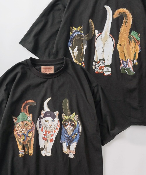 make a ray!（メイク ア レイ！）の「【81】フロント＆バック イヌネコ BIGレトロイラスト デザイン ヘビーウェイト オーバーサイズ Tシャツ/半袖Tシャツ（Tシャツ/カットソー・メンズ・ブラック/ブラック系その他/チャコールグレー/アッシュグレー/イエロー/ホワイト/ホワイト系その他・M/L/XL）」の5枚目の写真
