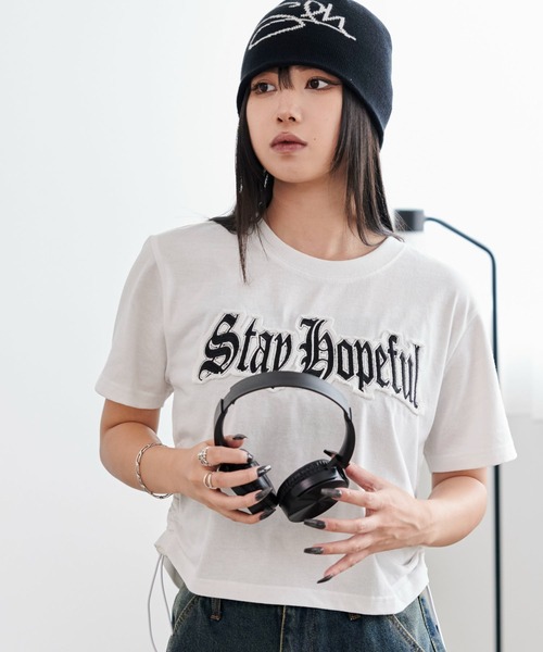 WEGO(ウィゴー)の「WEGO/グラフィックサイドドロストショートT(Tシャツ/カットソー・レディース・ホワイト/ブラック・FREE)」の9枚目の写真