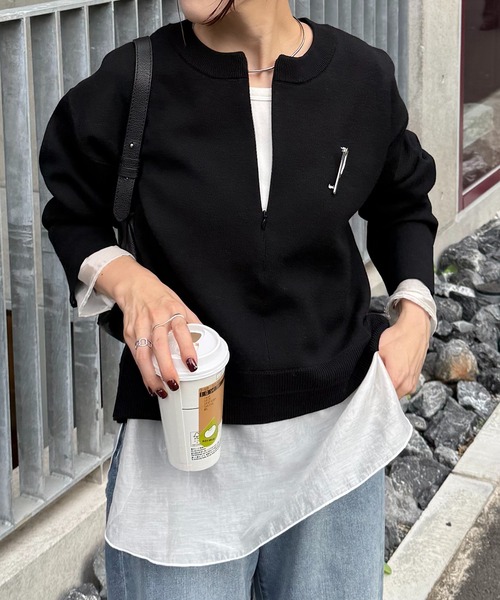 コラージュガリャルダガランテ　スウェットライクラウンドヘムニットネイビー スウェットライクラウンドヘムニット（ニット/セーター）｜COLLAGE