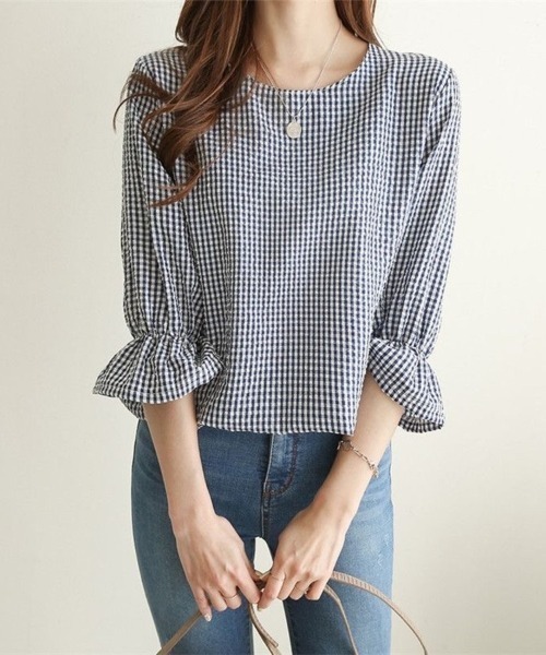 Beststore（ベストストア）の「ギンガムチェック フリル七分袖 シャツブラウス（シャツ/ブラウス・レディース・ブラウン/ネイビー/ブラック・FREE）」の3枚目の写真