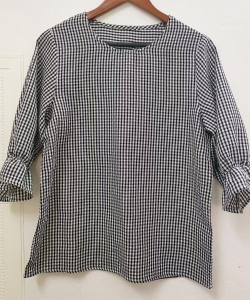 Beststore（ベストストア）の「ギンガムチェック フリル七分袖 シャツブラウス（シャツ/ブラウス・レディース・ブラウン/ネイビー/ブラック・FREE）」の5枚目の写真