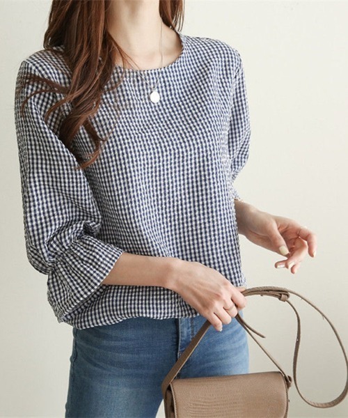Beststore（ベストストア）の「ギンガムチェック フリル七分袖 シャツブラウス（シャツ/ブラウス・レディース・ブラウン/ネイビー/ブラック・FREE）」の14枚目の写真