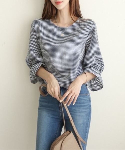 Beststore（ベストストア）の「ギンガムチェック フリル七分袖 シャツブラウス（シャツ/ブラウス・レディース・ブラウン/ネイビー/ブラック・FREE）」の15枚目の写真