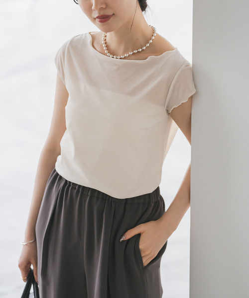Noble(ノーブル)の「《追加》シアーベロアキャップスリーブTee(Tシャツ/カットソー・レディース・グレー/ホワイト系その他/ブラウン・FREE)」の1枚目の写真