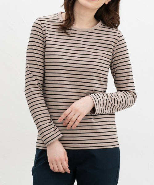 Honeys（ハニーズ）の「オーガニックボーダーＴ（Tシャツ/カットソー・レディース・ネイビー系1/ブラック×ベージュ/グレー系その他/ネイビー系2/パープル系その他・LL/L/S/M）」の2枚目の写真