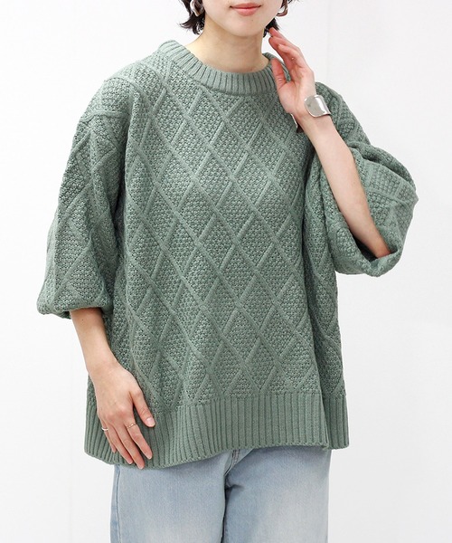 Fizz(フィズ)の「アクリルバルキー柄編みニット(Tシャツ/カットソー・レディース・アイボリー/グリーン/チャコール・M)」の3枚目の写真