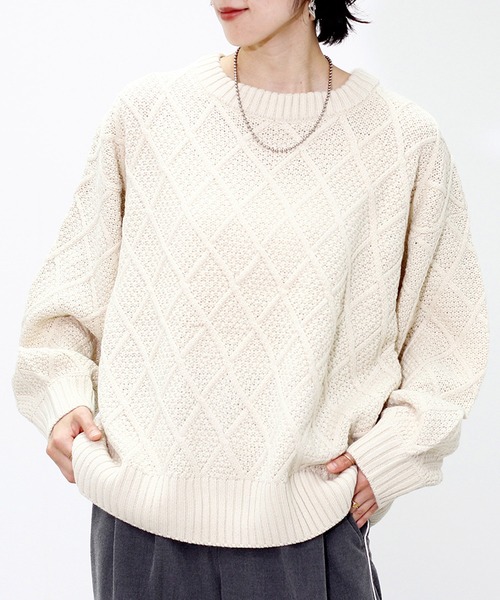 Fizz(フィズ)の「アクリルバルキー柄編みニット(Tシャツ/カットソー・レディース・アイボリー/グリーン/チャコール・M)」の1枚目の写真