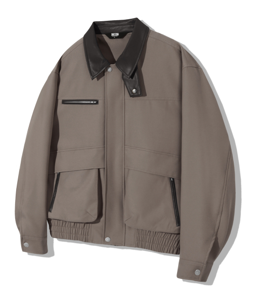 レザーコラツイルブルゾンワークジャケット[グレイッシュブラウン]
