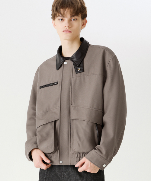 レザーコラツイルブルゾンワークジャケット[グレイッシュブラウン]