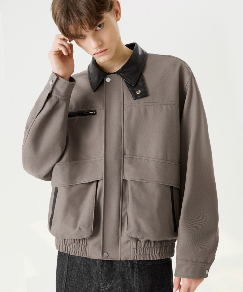 レザーコラツイルブルゾンワークジャケット[グレイッシュブラウン]