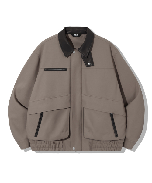 レザーコラツイルブルゾンワークジャケット[グレイッシュブラウン]