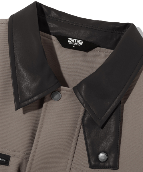 レザーコラツイルブルゾンワークジャケット[グレイッシュブラウン]