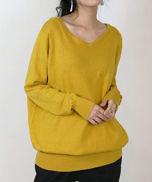 MARAI(マーライ)の「コットンVネックリブ長袖ニット(ニット/セーター・レディース・バーガンディー/ブラック/ブルー/ダークグリーン/グレイッシュベージュ/杢グレー/マスタード/ネイビー/ホワイト・M~L/LL~3L/4L~5L)」の17枚目の写真