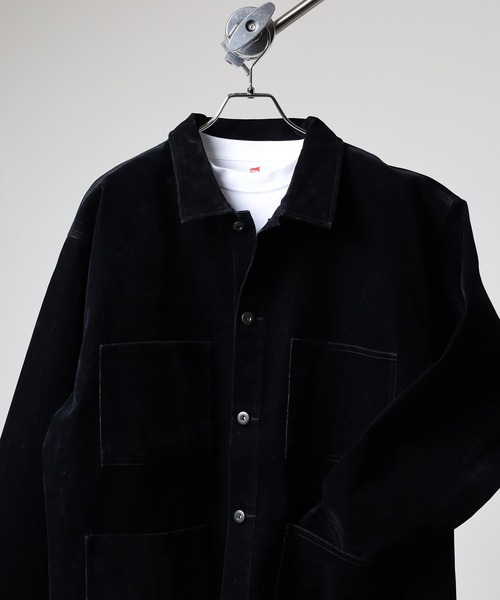 many men many mind(メニーメンメニーマインド)の「MANYMENMANYMINDS フロッキー加工デニム/PUコーティング加工デニム/カバーオール(カバーオール・メンズ・ブラック系1/ブラック系2/ブラウン系・M/L)」の1枚目の写真