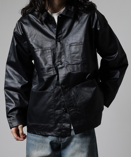 many men many mind(メニーメンメニーマインド)の「MANYMENMANYMINDS フロッキー加工デニム/PUコーティング加工デニム/カバーオール(カバーオール・メンズ・ブラック系1/ブラック系2/ブラウン系・M/L)」の15枚目の写真