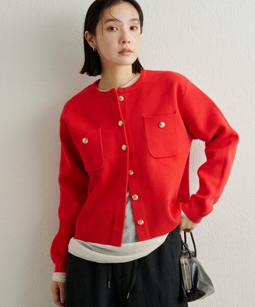 Omekashi（オメカシ）の「スウェットライクボタンカーディガン（カーディガン/ボレロ・レディース・アイボリー/ブラック/ブラウン/レッド/ピンク/オフホワイト/グレー・FREE）」の7枚目の写真