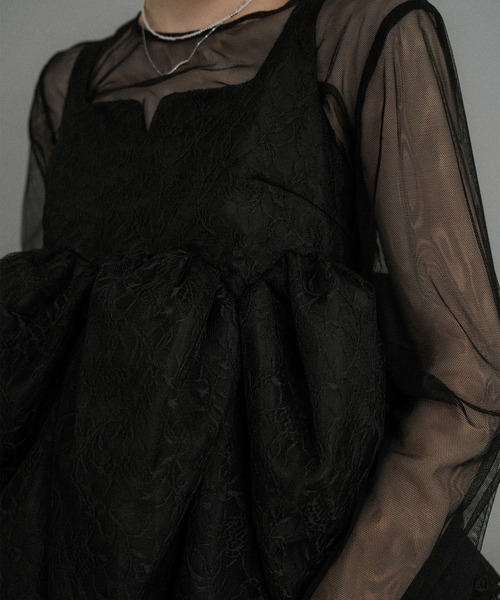 Et.UNiVER 黒 シースルー長袖 ペプラムドレス　L et.UNiVER（エトユニベール）の「Sheer Peplum Overlay Top＆Pants