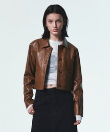 CROP LEATHER JACKET [BROWN]