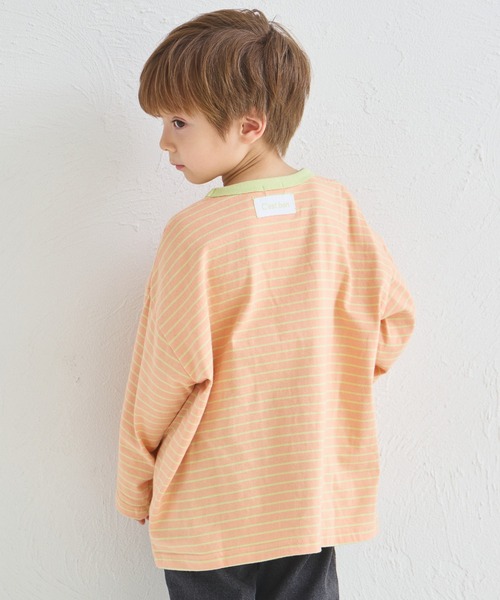 pairmanon(ペアマノン)の「【綿100%】ユニセックス ネームタグ付き カラーボーダー ロンT(Tシャツ/カットソー・キッズ・ブルー/オレンジ/ピンク/グリーン・100/110/120/130/140/150/90)」の4枚目の写真